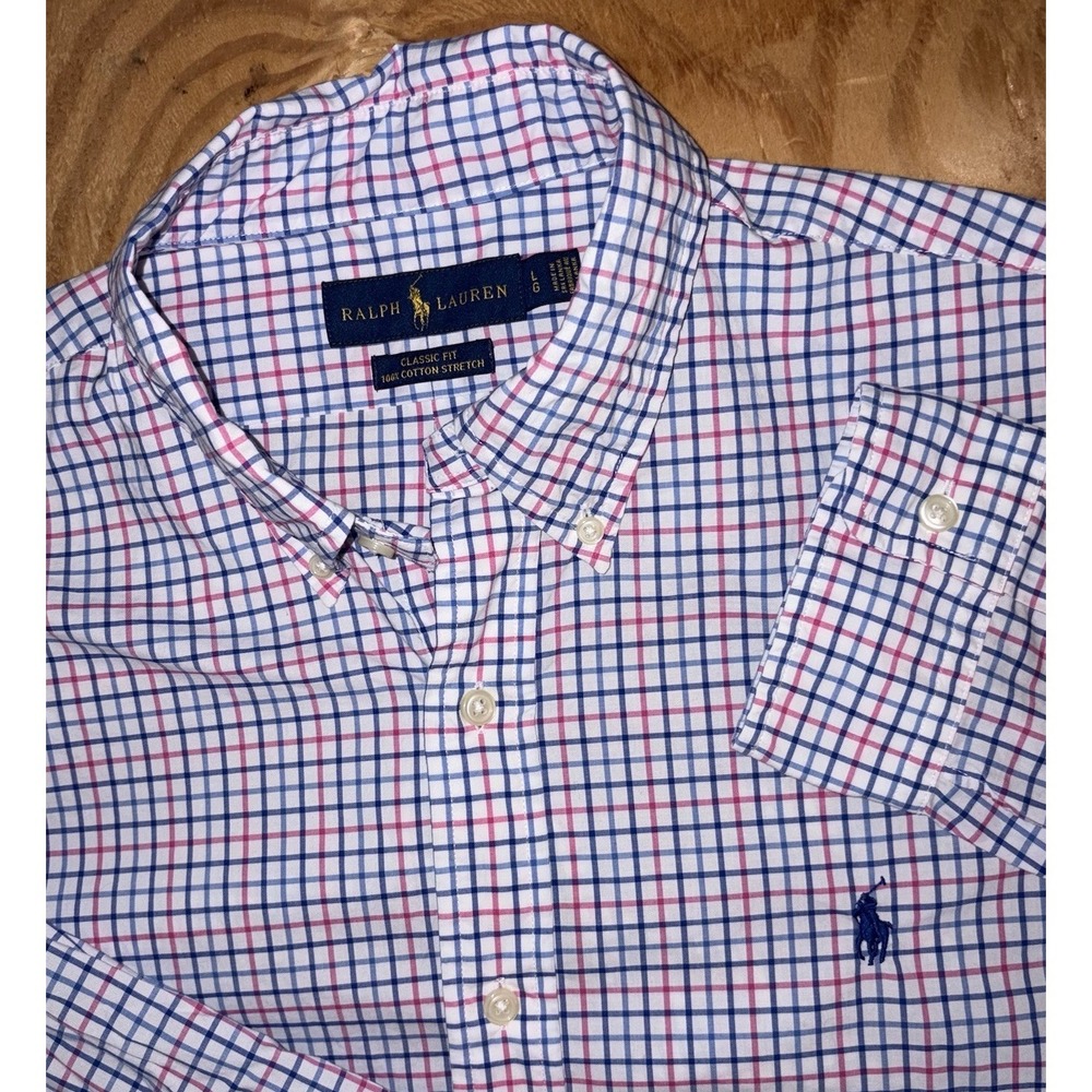 Polo Ralph Lauren Men's  Plaid Check Button Down Large Cotton Stretch Blue Pink